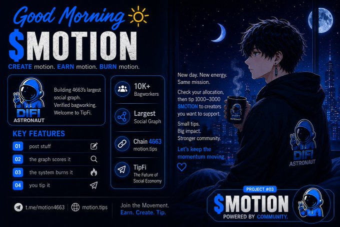 A promotional post for "$MOTION" token featuring an anime-style astronaut holding coffee against a cityscape backdrop, highlighting key stats like "10K+ Bagworkers," "Largest Social Graph," and "Chain 4663 motion.tips," along with a call to tip 1,000–3,000 $MOTION to creators. The accompanying caption encourages CT members to actively support the community by tipping creators and posting about @motiontip rather than just holding the token.