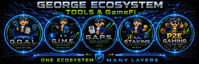 The image is a banner for the "GEORGE ECOSYSTEM TOOLS & GameFi" featuring five mascot characters representing the ecosystem's components: G.O.A.L. (Secure Open Audit Lab), G.I.M.E. (GameFi Incentive & Market Engine), G.A.P.S. (George AI Cognitive Prediction Signals) v1.3, STAKING, and P2E GAMING (Play-Earn-Innovate), with the tagline "ONE ECOSYSTEM MANY LAYERS."

This visual reinforces the post's message by showcasing how George is building a multi-layered ecosystem combining GameFi (G.I.M.E., P2E Gaming), community campaigns (Staking), and utility-focused tools (G.O.A.L., G.A.P.S.) rather than relying on a single narrative.