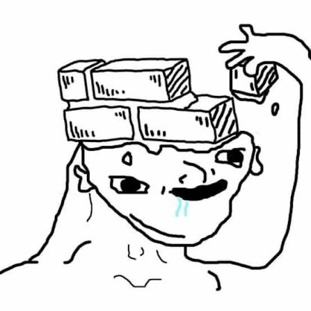 A crudely drawn Wojak-style meme figure has a stack of bricks balanced on its head while drooling, visually representing the critical caption that mocks investors in Michael Saylor's $MSTR and Bitcoin-adjacent credit instruments like $STRC, implying they are unintelligent for believing in the strategy.