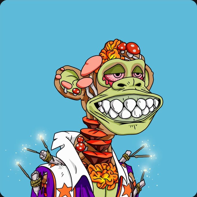 The image features a cartoon monkey wearing a purple outfit with orange flowers and holding a bunch of sparklers. The monkey has a big smile, giving off a happy vibe. The background of the image is blue, which contrasts nicely with the colorful attire of the monkey. The caption "After too many days of asking @Kapp516 970 what I should buy, I finally did it. Part of the clubs basement entrance lets gooo! @BoredApeYC" seems to be related to a recent event or purchase that the monkey might have been discussing with someone else.