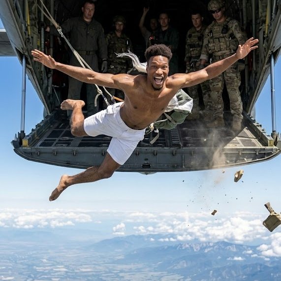 The user wants a concise caption for the image.
I need to identify the key elements:
- A shirtless man (looks like actor John David Washington) is jumping out of a large military aircraft (looks like a C-130 Hercules).
- He has his arms outstretched and is smiling/laughing.
- He is wearing white shorts.
- Inside the plane, there are soldiers in uniform watching him.
- The background shows a blue sky and clouds far below, indicating high altitude.
- There are some debris or objects falling near him.
- The text "bye jeets" is mentioned in the prompt's post description, likely referring to the movie "Tenet" or a specific scene, but I should focus on what's visible. Wait, the prompt says "The accompanying post says: 'bye jeets'". This is a clue. "Jeets" sounds like "Jets". The plane is a jet/turboprop transport. Actually, looking closely