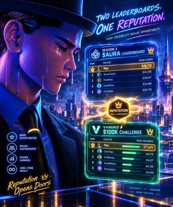 A neon-lit promotional graphic titled 'TWO LEADERBOARDS, ONE REPUTATION' showing a man in a top hat and suit with two ranked leaderboards: 'SEASON 3 $AURA LEADERBOARD' and 'VANGIRD $100K CHALLENGE', with 'You' ranked first in each, and the tagline 'Reputation Opens Doors'.