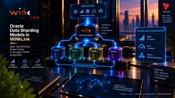 A futuristic promotional graphic for WINkLink titled 'Oracle Data Sharing Models in WINkLink,' illustrating a synchronized network architecture on the TRON blockchain with features like higher throughput and lower congestion.