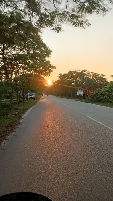 A first-person view from a vehicle traveling down a tree-lined road at sunset, with the sun low on the horizon casting a warm orange glow on the asphalt.