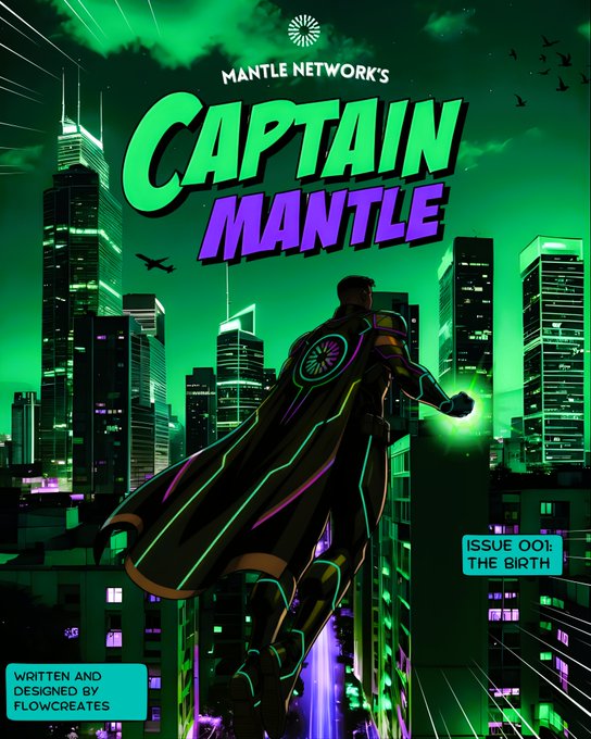 The image features a poster with a superhero, Captain Mantle, depicted flying through a cityscape at night. The poster includes text that reads "Captain Mantle" and "MoMNTum hit its rhythm", suggesting that the superhero has been successful in his missions or is currently on a break from fighting crime. The poster also mentions tokenized equities, hackathons, global builder events, new ecosystem launches, and the term " USD1 expansion". These elements are related to the post's content about cryptocurrency and blockchain technology.