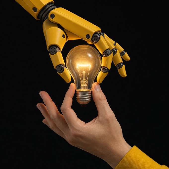 A human hand accepts a lit lightbulb from a robot hand, symbolizing the "edge" Binance AI Pro provides by taking on the execution of data-heavy decisions.