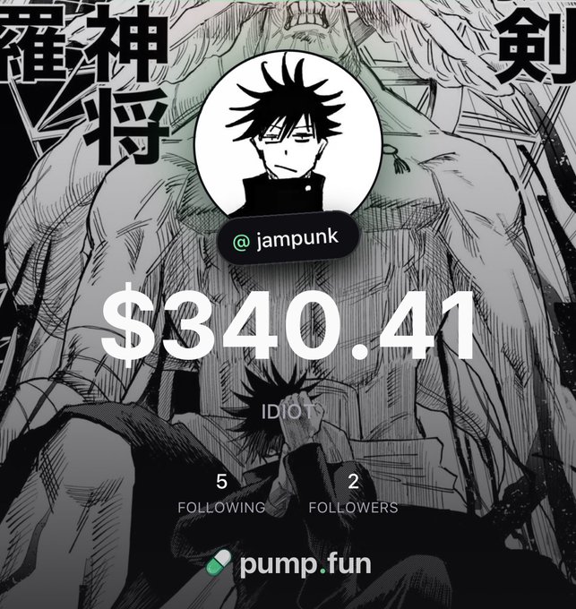 A profile card for user @jampunk on pump.fun displays a balance of $340.41 with 5 following, 2 followers, and an "IDIOTS" label, set against anime artwork featuring kanji characters. The image showcases a typical user's pump.fun profile, supporting the post's endorsement of the platform's improved usability and app experience.