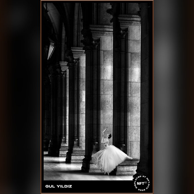 A black-and-white photograph of a ballerina in a white tutu posing among large stone columns, credited to 'GUL YILDIZ' with an 'NFTO at Herning' stamp.