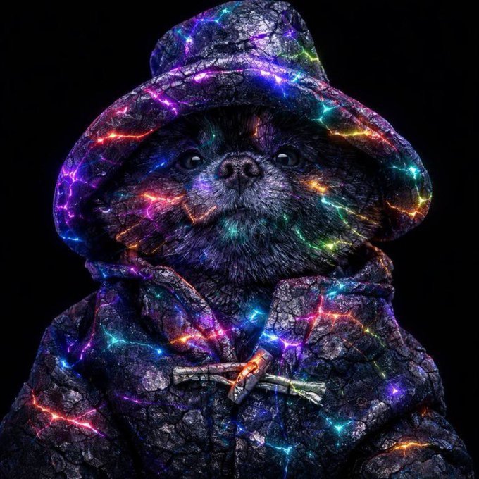 A stylized digital artwork of a small dog wearing a wizard-like hooded cloak, with vibrant multicolored lightning-like energy patterns crackling across its dark, cracked surface.