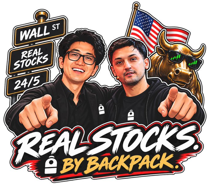 Cartoon-style promotional graphic titled 'REAL STOCKS. BY BACKPACK.' featuring two men pointing at the camera with a Wall St sign, American flag, and bull wearing sunglasses in the background.