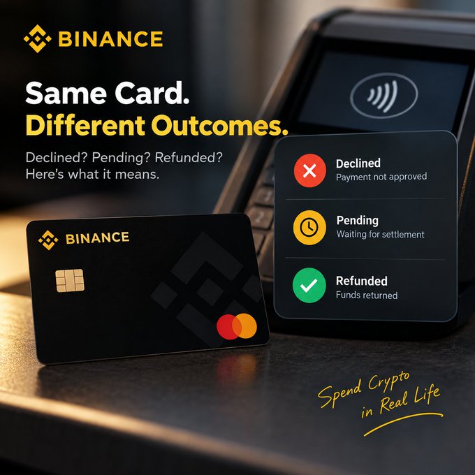 A Binance crypto debit card sits next to a payment terminal, with an informational graphic explaining three transaction statuses: Declined (payment not approved), Pending (waiting for settlement), and Refunded (funds returned). The "Spend Crypto in Real Life" tagline reinforces the post's message about troubleshooting common Binance Card payment issues.