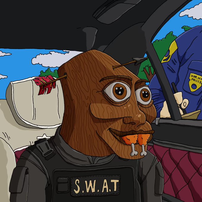 A cartoon-style drawing of a character with a wood-grain face, a bloody axe in their head, and chicken bones in their mouth, wearing a 'S.W.A.T' tactical vest, with a 'Hog Ny Police' officer visible in the background.