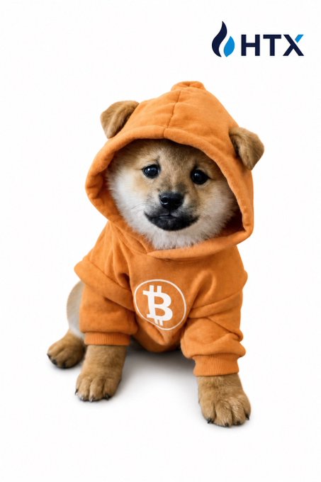 An adorable Shiba Inu puppy wearing an orange hoodie featuring the Bitcoin 'B' logo, with the HTX logo in the top right corner.