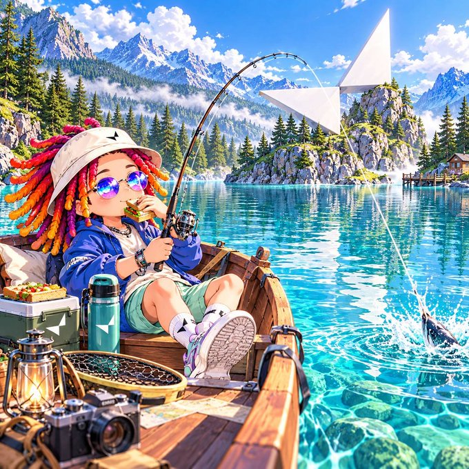 A stylized digital illustration shows a character with colorful dreadlocks, sunglasses, and a bucket hat sitting in a wooden boat on a turquoise alpine lake, eating a sandwich while fishing. A large paper airplane floats above the water, with mountains and forests in the background.