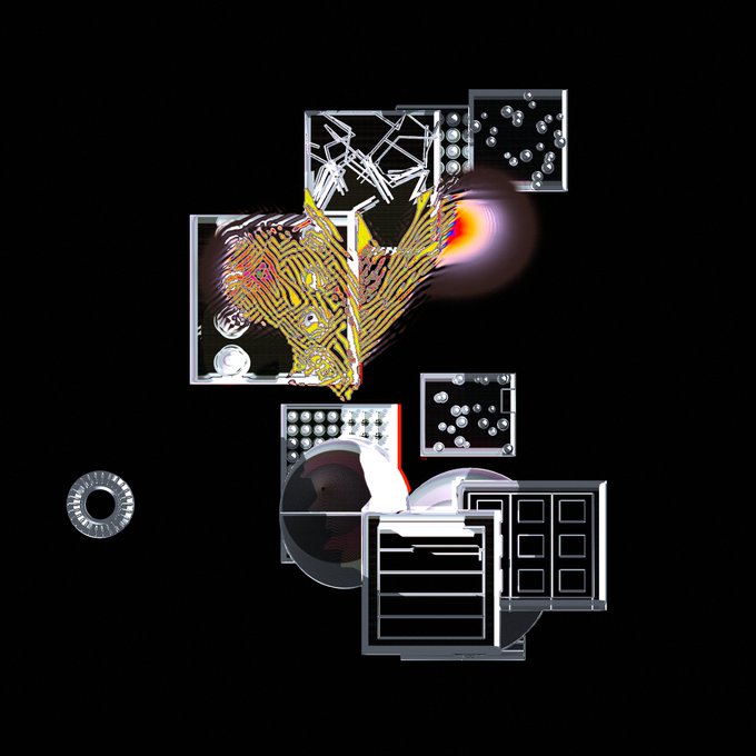 An abstract digital collage on a black background contains various UI elements, a bright light burst, and textured patterns.