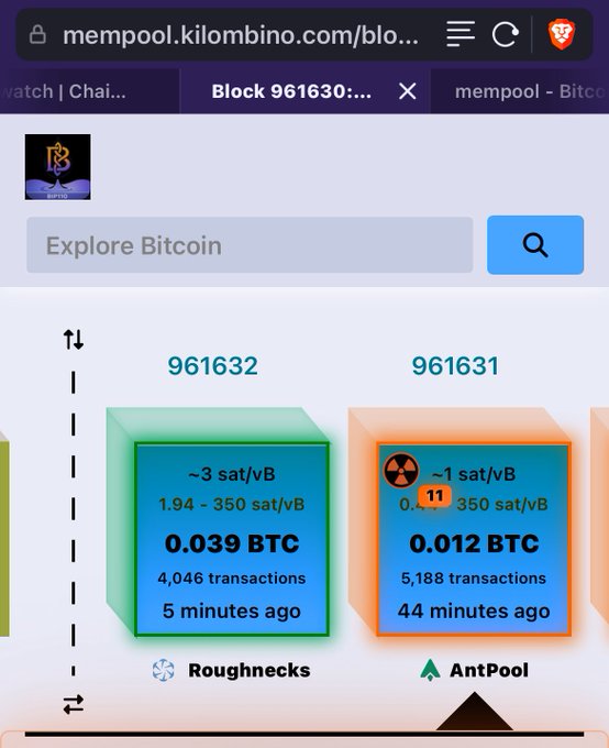 A screenshot from mempool.space showing Bitcoin blocks 961632 (mined 5 minutes ago by Roughnecks with 4,046 transactions and 0.039 BTC in fees) and 961631 (mined 44 minutes ago by AntPool with 5,188 transactions and 0.012 BTC in fees). The celebratory post praises mining pool Roughnecks for mining a block on BIP110, an emerging Bitcoin Improvement Proposal aimed at addressing the block size debate through voluntary miner signaling.