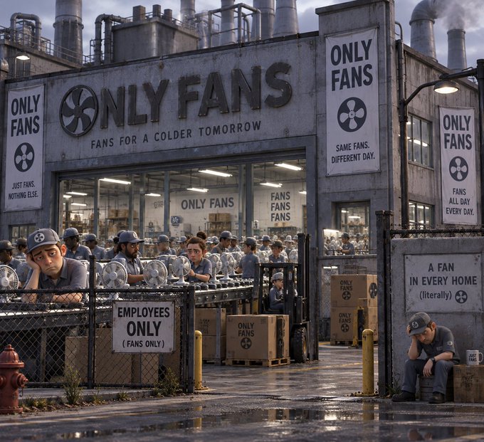 A satirical digital illustration depicts a dystopian factory named 'ONLY FANS' with slogans like 'FANS FOR A COLDER TOMORROW' and 'EMPLOYEES ONLY (FANS ONLY),' showing overworked employees assembling box fans behind a chain-link fence.
