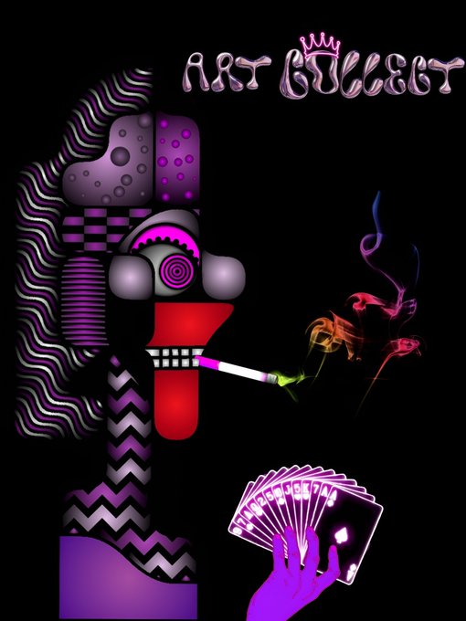 A vibrant digital illustration titled 'ART GALLERY' featuring an abstract face with geometric patterns, a smoking cigarette, and a purple hand holding playing cards against a black background.