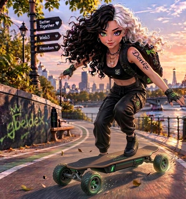 Digital artwork depicts a stylized young woman with black and white curly hair riding a skateboard down a city street, with graffiti reading 'Better Together', 'Web3', 'Freedom', and 'Deniz' visible on the wall.