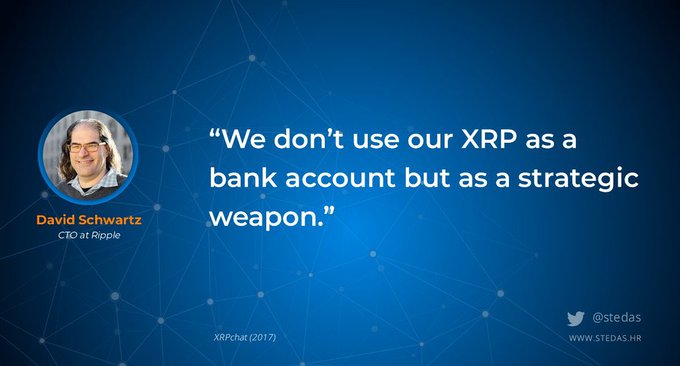A blue graphic featuring a photo of David Schwartz, CTO at Ripple, with the quote 'We don't use our XRP as a bank account but as a strategic weapon.' sourced from XRPchat (2017).