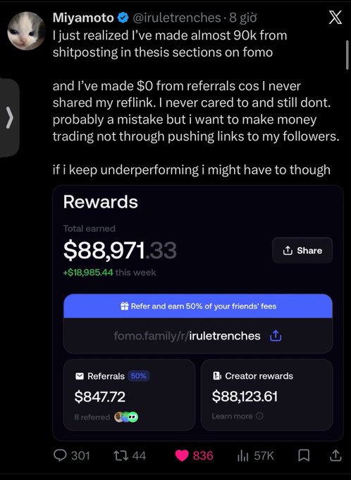 An X (Twitter) post by @iruletrenches (@Miyamoto) discussing earnings of nearly $90K from shitposting versus $0 from referrals on Fomo, showing a Rewards dashboard with $88,971.33 total earned, including $847.72 in referrals and $88,123.61 in creator rewards.