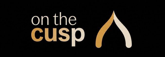 A logo featuring the text 'on the cusp' in white and gold lettering beside a stylized golden tent-like emblem on a black background.