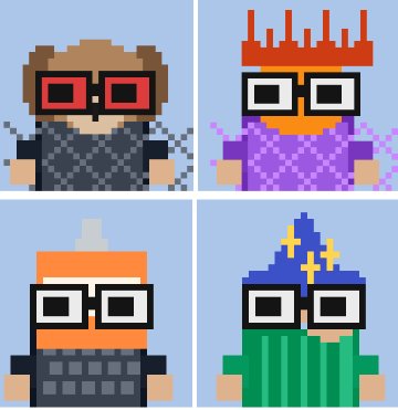Four pixel art character sprites with oversized goggles appear in a 2x2 grid, each featuring distinct designs—a brown-haired figure with red glasses, a purple-robed character with a red crown, an orange figure with a small white hat, and a blue-and-green wizard with a yellow cross-topped hat—promoting an Arcins NFT giveaway on the Arc blockchain.
