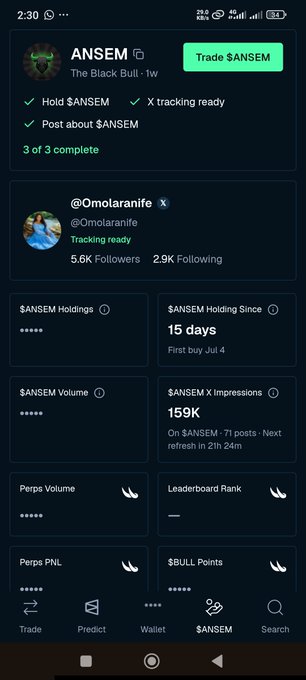 The image shows a mobile app dashboard for "$ANSEM" (The Black Bull), displaying a user's profile with 3 of 3 tasks complete (holding $ANSEM, X tracking ready, and posting about $ANSEM), along with @Omolaranife's stats including 5.6K followers, $ANSEM holdings of 15 days, and 159K X impressions. It relates to the post about an $ANSEM airdrop rewarding consistent X creators and long-term holders, as evidenced by the user's verified holdings duration and tracking-ready status visible in the dashboard.