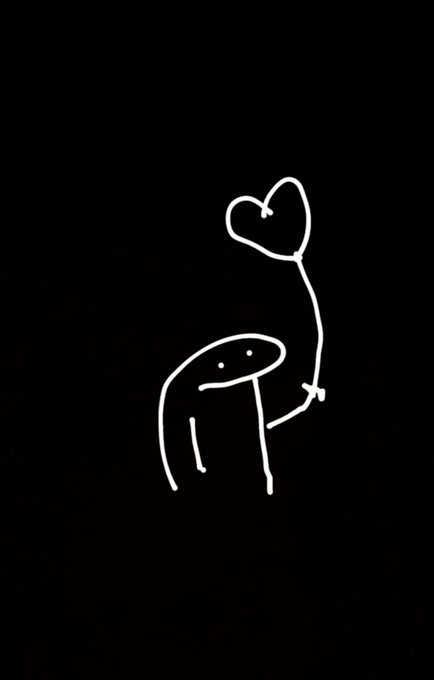 A simple white line drawing on a black background depicts a cartoonish blob-like figure holding a heart-shaped balloon, matching the endearing $FLORK character meme referenced in the post.