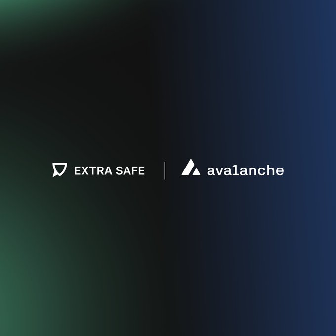 The image features a logo for two companies named "EXTRA SAFE" and "AVAX". The logos are displayed against a dark blue background, with the text "Stablecoin payments should feel simple, no matter what chain they touch." This suggests that the companies are focused on creating a seamless experience across different blockchain networks.