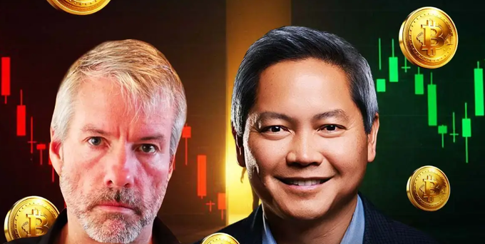 Thumbnail-style image showing two men in front of a candlestick chart with green and red bars, decorated with floating Bitcoin icons, suggesting a cryptocurrency market analysis video.