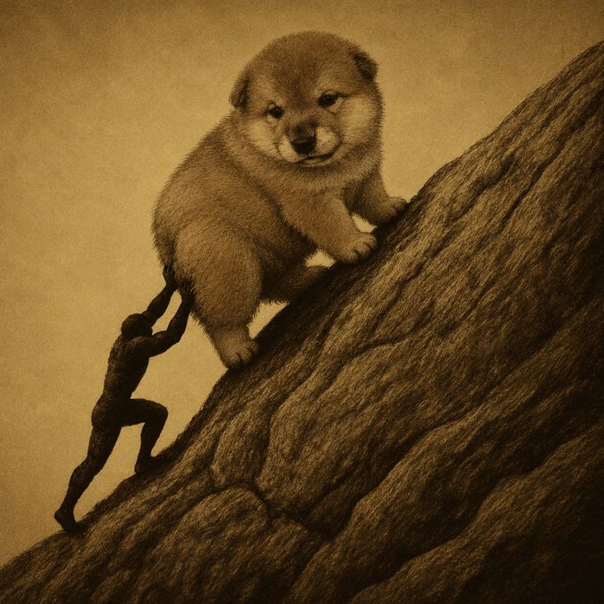 A sepia-toned artistic illustration shows an adorable fluffy puppy climbing up a rocky incline while a small silhouetted human figure climbs behind it, holding onto a rope attached to the puppy.