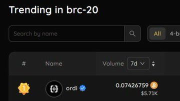 A screenshot showing a "Trending in brc-20" table with a token named "ordi" displaying a volume of 0.07426759 and $5.71K.