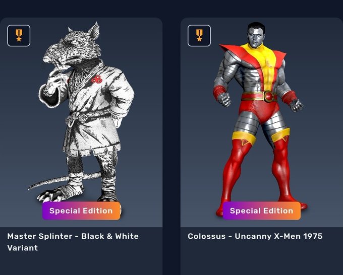 Two video game character skins are displayed on special edition cards: 'Master Splinter – Black & White Variant' (a rat in a robe) on the left, and 'Colossus – Uncanny X-Men 1975' (a metallic-skinned superhero in red and yellow) on the right.