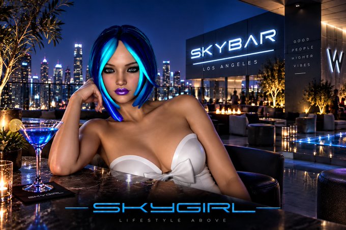 A digital poster features a stylized woman with blue and black hair at the 'SKYBAR LOS ANGELES', with the tagline 'SKYGIRL LIFESTYLE ABOVE' and 'GOOD PEOPLE HIGHER VIBES' set against a nighttime city skyline.