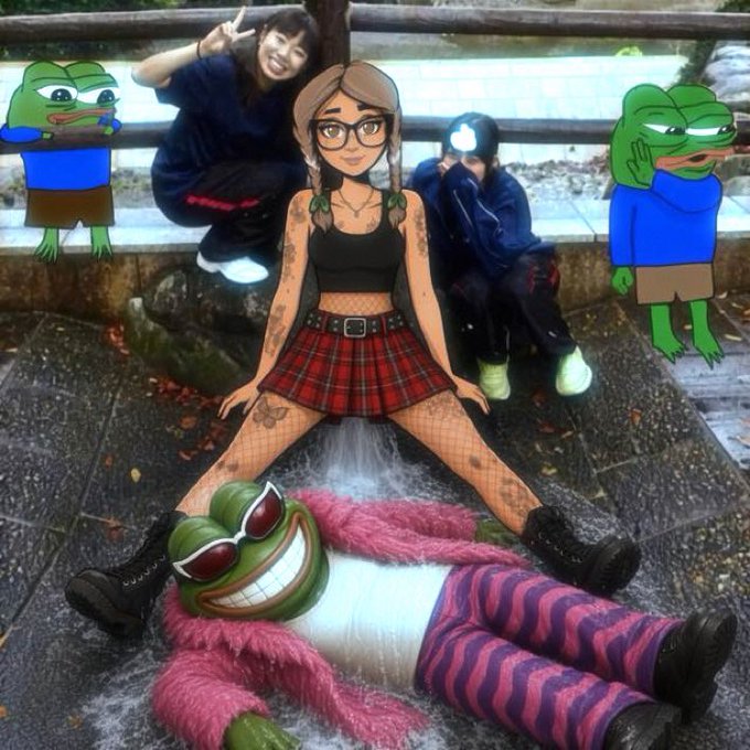 A surreal edited image showing a cartoon girl with braids and glasses sitting on a Pepe the Frog character, flanked by two small green frog avatars, with a real person posing in the background.