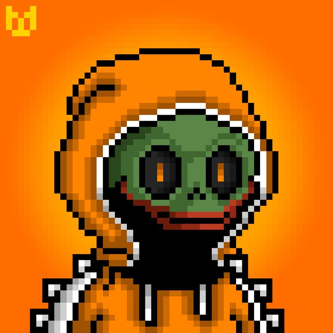 Pixel art of a green-faced character with orange eyes wearing a hooded outfit, set against a bright orange background with a yellow 'bd' logo in the top left corner.