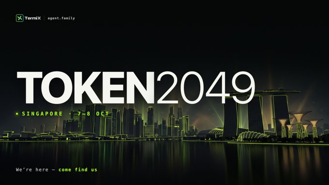 Promotional banner for TOKEN2049 Singapore event dated 7-8 OCT, featuring the Singapore skyline and Marina Bay Sands with the tagline 'We're here - come find us'.