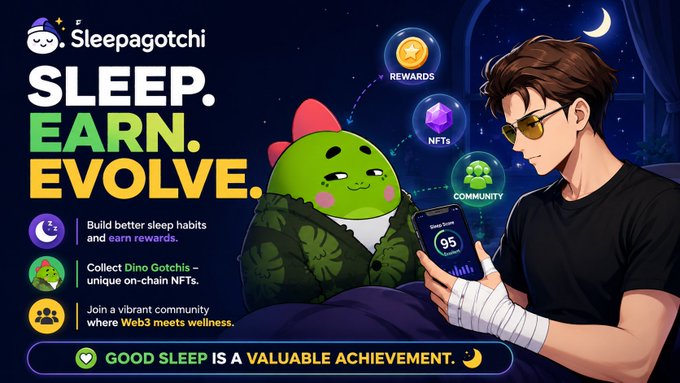 The image features a man holding a cell phone while sitting next to a cartoon character who appears to be a green frog or turtle. The text on the image reads "Sleeping. Earn. Evolve.", which suggests that the man is using his phone for sleep tracking and possibly learning about how to improve his sleeping habits. This could be part of an app designed by @sleepagotchi, as indicated in the caption provided.