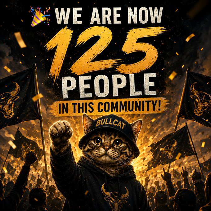 A promotional graphic celebrating '125 PEOPLE IN THIS COMMUNITY!' featuring a tabby cat wearing a 'BULLCAT' cap and hoodie, raising its fist in front of a crowd waving bull-themed flags amid confetti.
