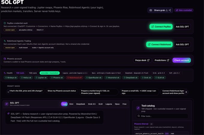 A screenshot of SOL GPT's interface on Cheshireterminal.ai, highlighting the new Robinhood Agentic Trading integration (alongside existing PayBox, Phoenix, and health tools) with a 24-hour SOL price prompt and tags for 199 paid tools. This supports the post's announcement about adding Robinhood agentic trading to the platform.