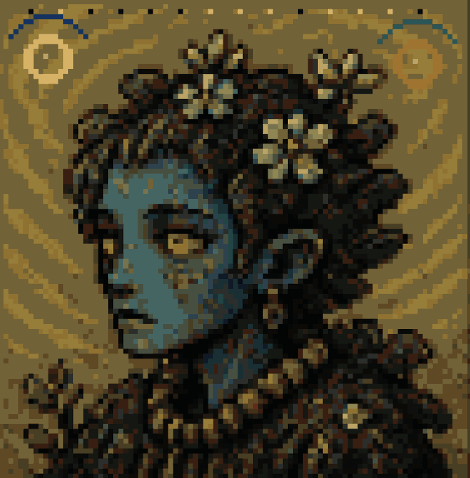Pixel art portrait of a blue-skinned figure with flowers in their dark curly hair against a golden background with sun-like decorations.