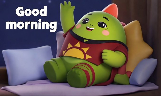 The image features a cartoon character wearing a red shirt with yellow stars sitting on a bed next to pillows. The text "Good Morning CT @quipnetwork @sleepagotchi @NucleusCodes Be proactive and persistent in participating in opportunities on Nucleus". This suggests that the character is promoting the idea of being active and engaged, both in terms of personal growth and digital engagement with online communities or platforms like Quip.