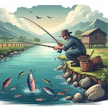 The image features a man dressed as a fisherman standing near a body of water with various fish around him. He appears to be waiting patiently for the next catch, possibly fishing during the day. The scene has a cartoon-like quality that adds an element of fun and creativity to the subject matter.
