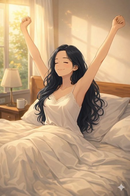An anime-style illustration shows a dark-haired woman in a white slip dress stretching her arms upward with a peaceful smile while sitting in a sunlit bed.