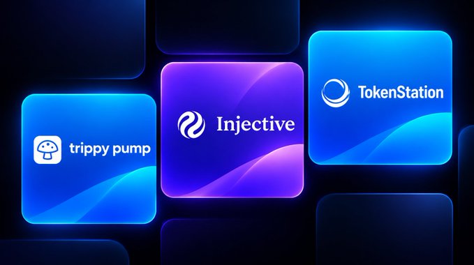 A digital graphic displaying three crypto-related platform icons on a dark background: 'trippy pump' in blue, 'Injective' highlighted in purple in the center, and 'TokenStation' in blue on the right.