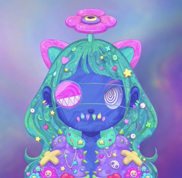 A digital illustration of a stylized character with teal and purple hair, featuring one pink eye, one swirl eye, fangs, and decorative stars and hearts, with a large pink flower-like ornament on top.