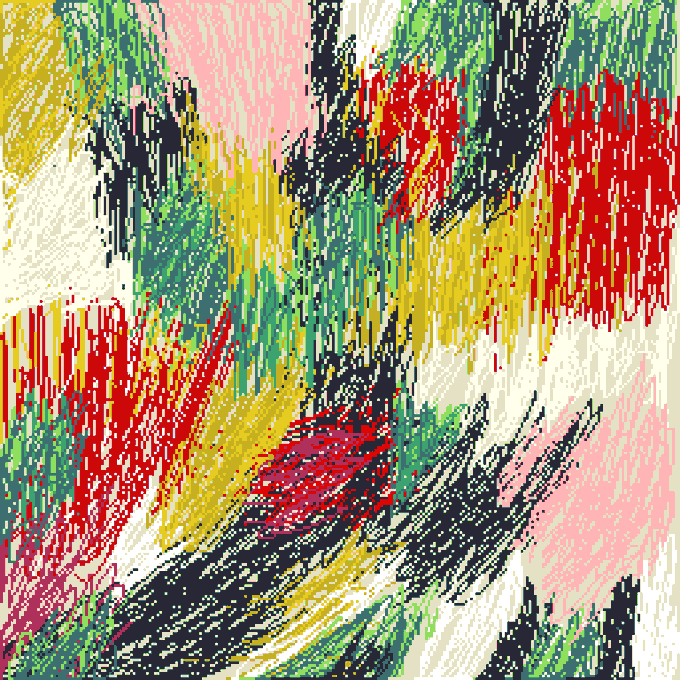 An abstract digital artwork with energetic, streaking brushstrokes in red, yellow, green, pink, black, and cream colors.