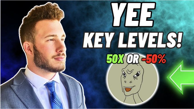 A man with a beard wearing a suit, standing against a blue backdrop with some text that reads "YEE key levels 50x or -50%", indicating he's making a claim about the benefits of using a Yee platform for trading cryptocurrencies.