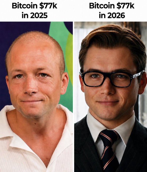 A side-by-side comparison meme showing a bald man on the left and a man with glasses in a suit on the right, both captioned 'Bitcoin $77k' with the years 'in 2025' and 'in 2026' respectively.